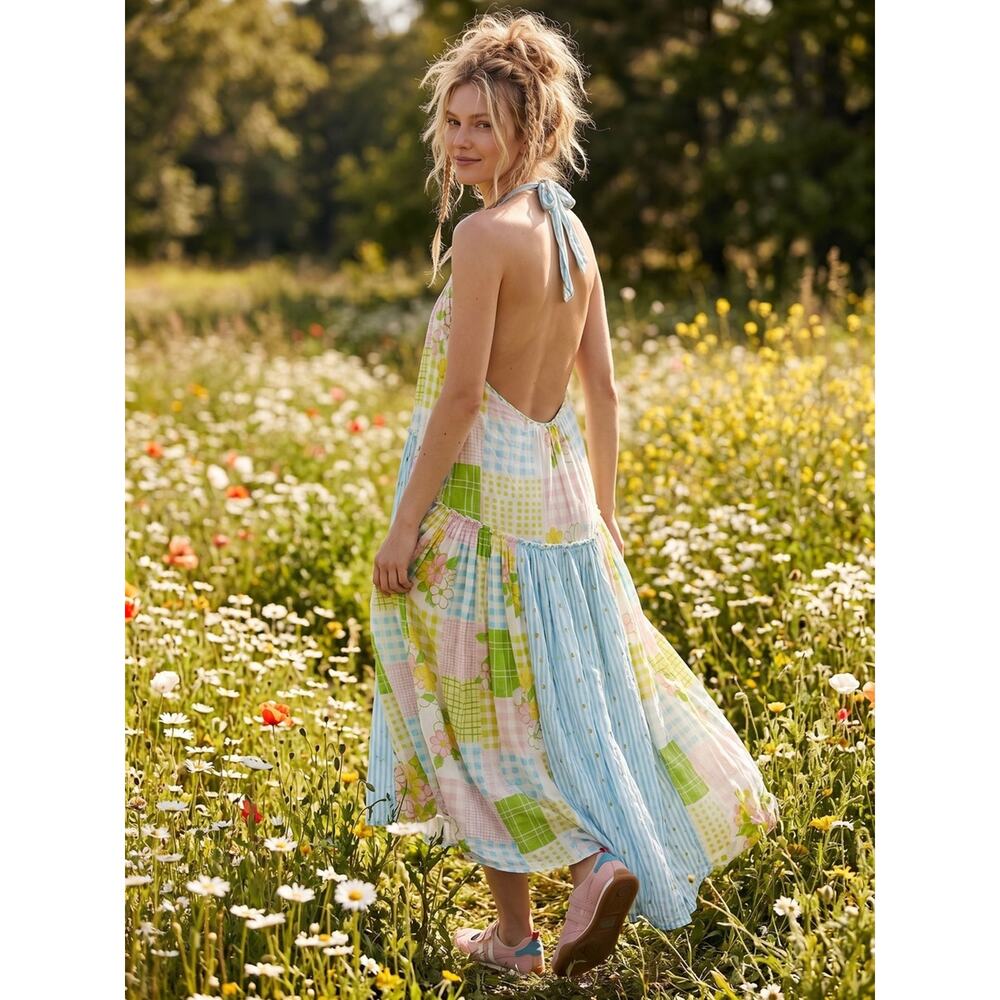 Free People Cottage Embroidered Patched And Pretty Halter Midi Maxi Dress Medium - Picture 4 of 16